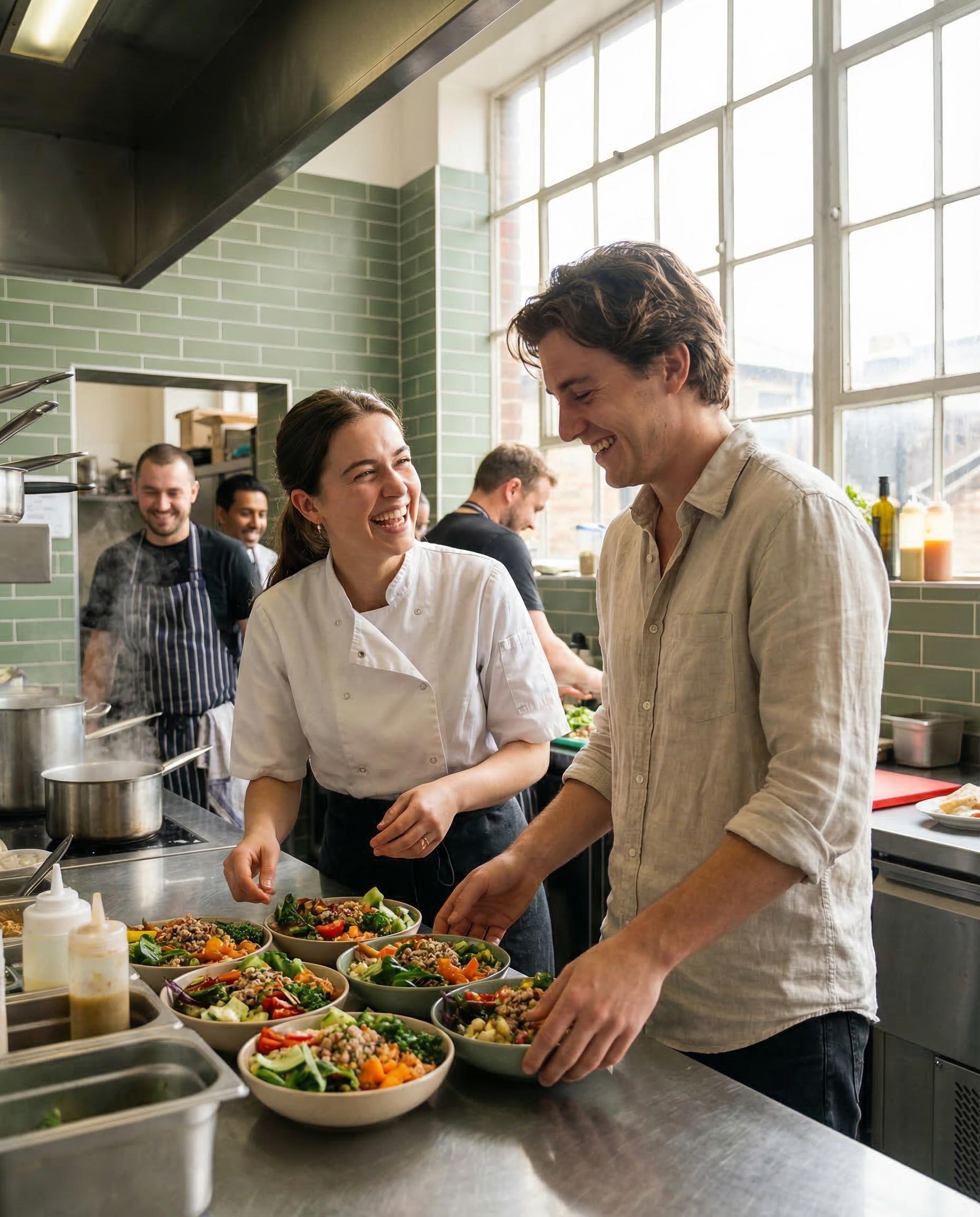 The Meal Preps founders preparing fresh bowls in a modern kitchen