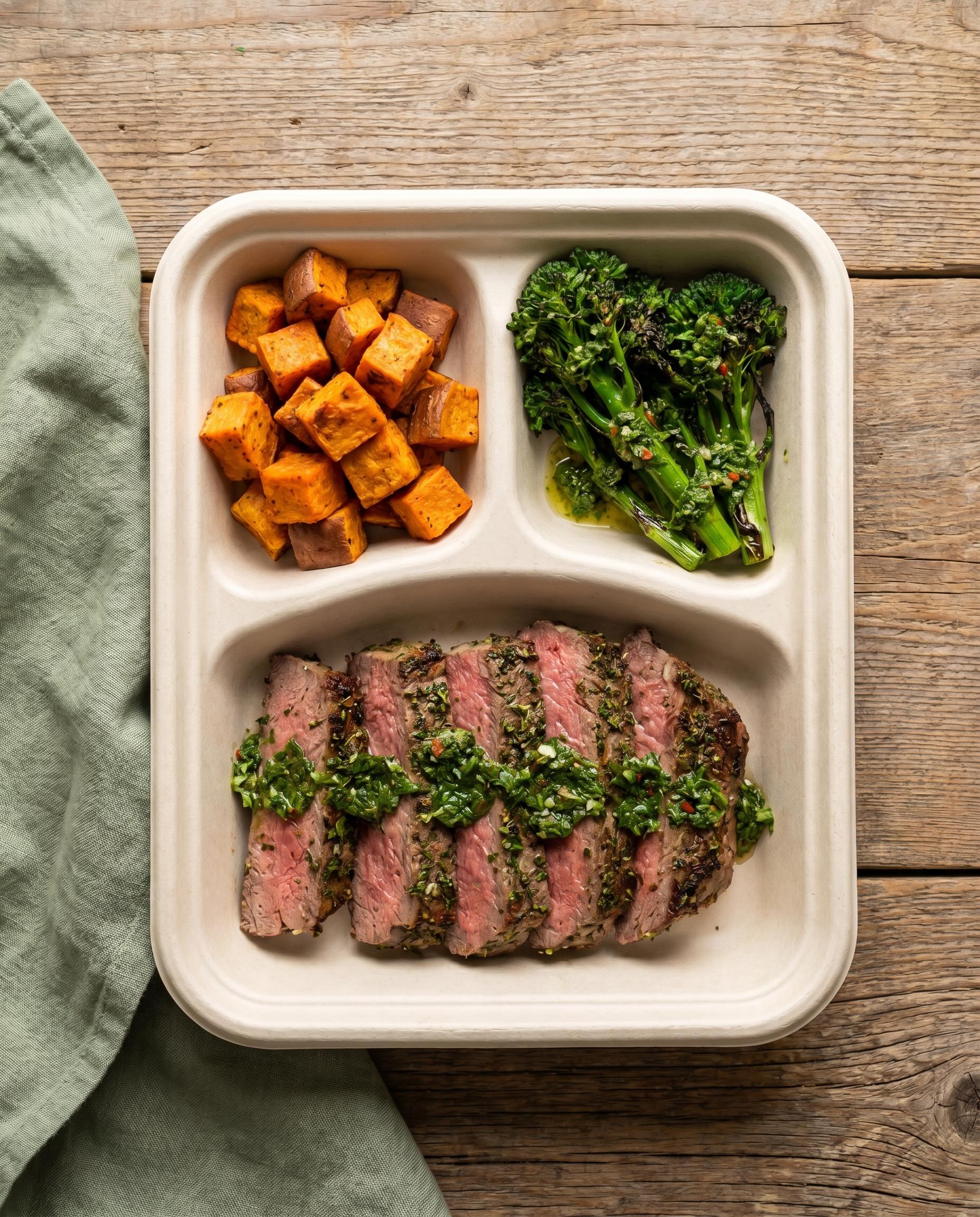 Three-compartment meal prep tray with grass-fed steak, chimichurri, roasted sweet potato, and broccolini