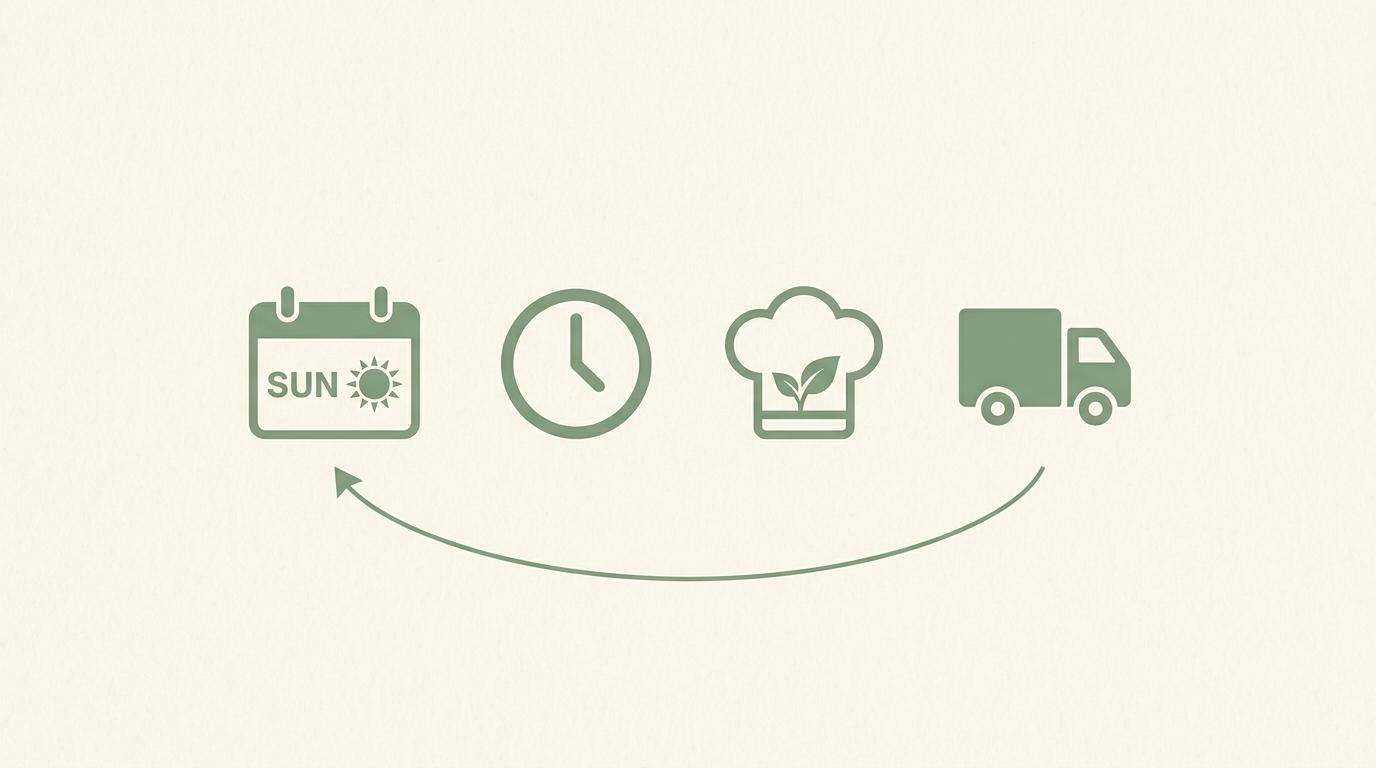 Visual overview of the weekly cycle: ordering, cutoff, kitchen prep, and delivery