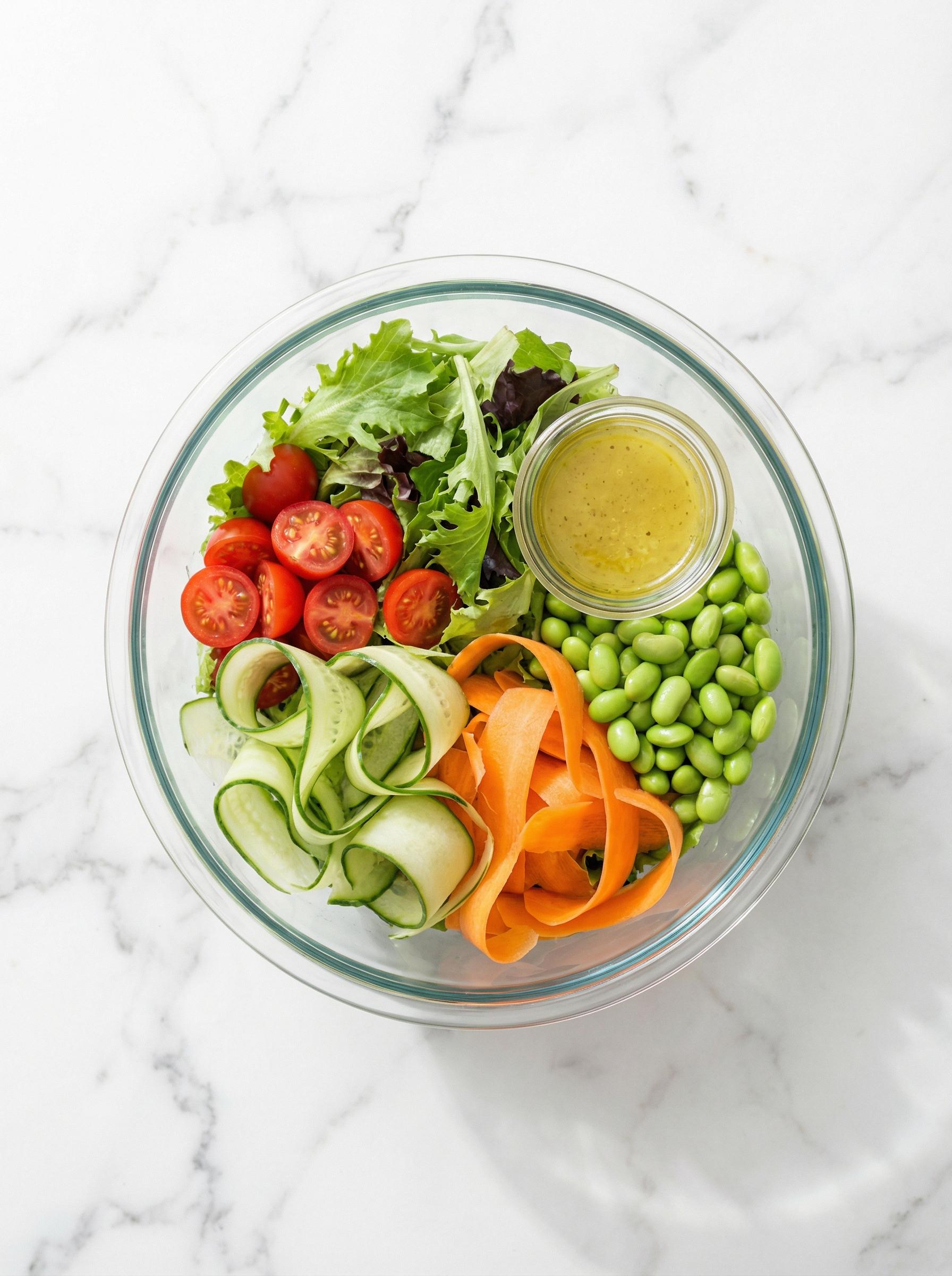 Light calorie-smart bowl with mixed greens, cherry tomatoes, and edamame