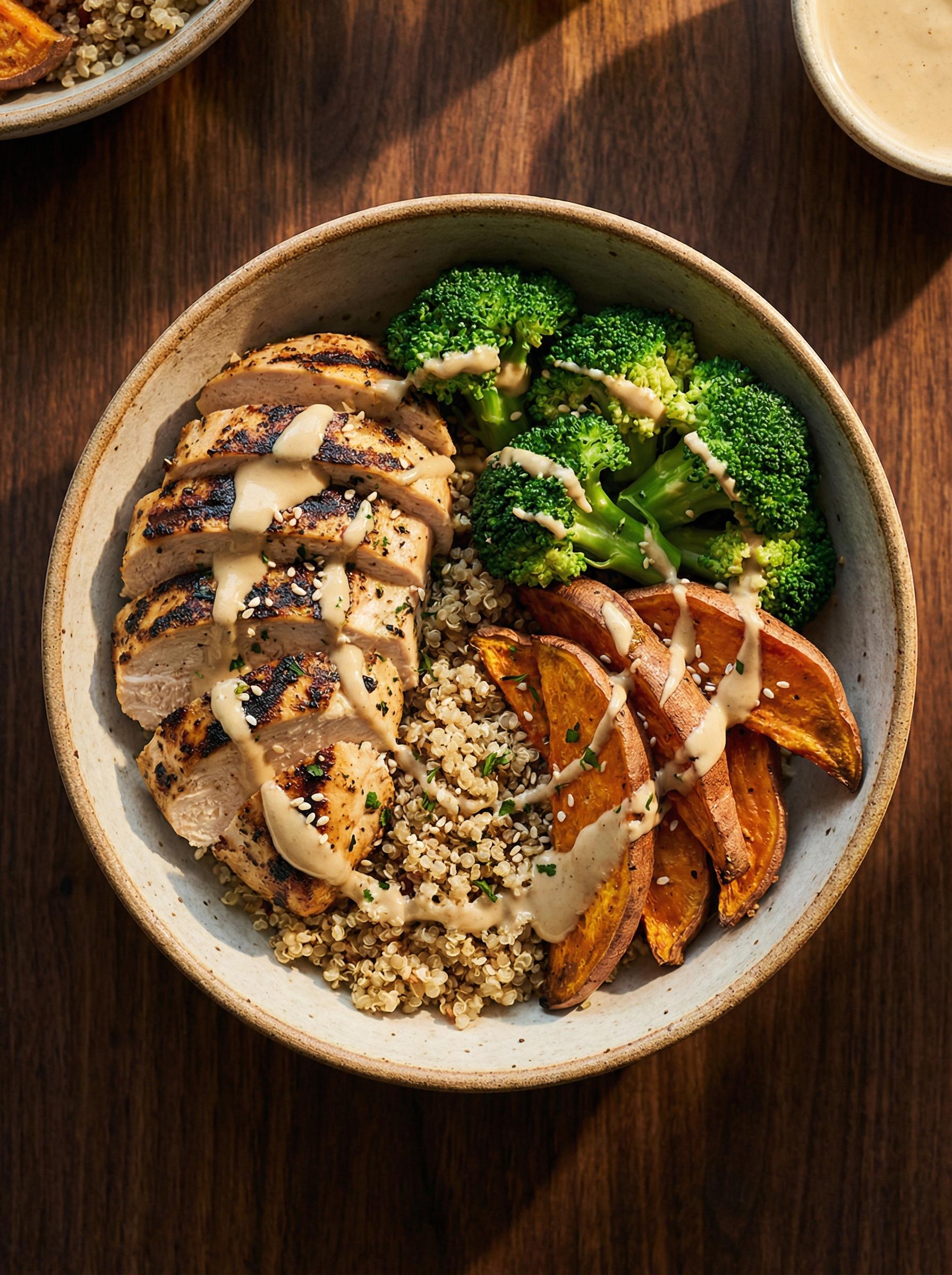 High-protein bowl with grilled chicken, quinoa, and roasted sweet potatoes