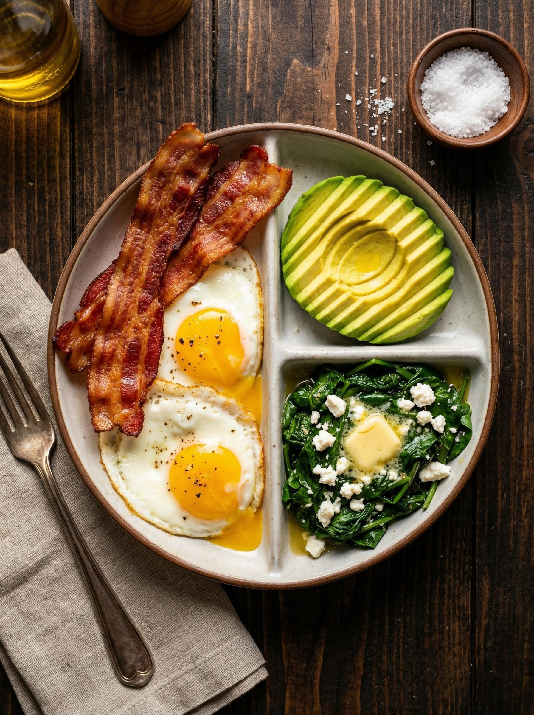 Keto plate with bacon, fried eggs, avocado, and sauteed spinach