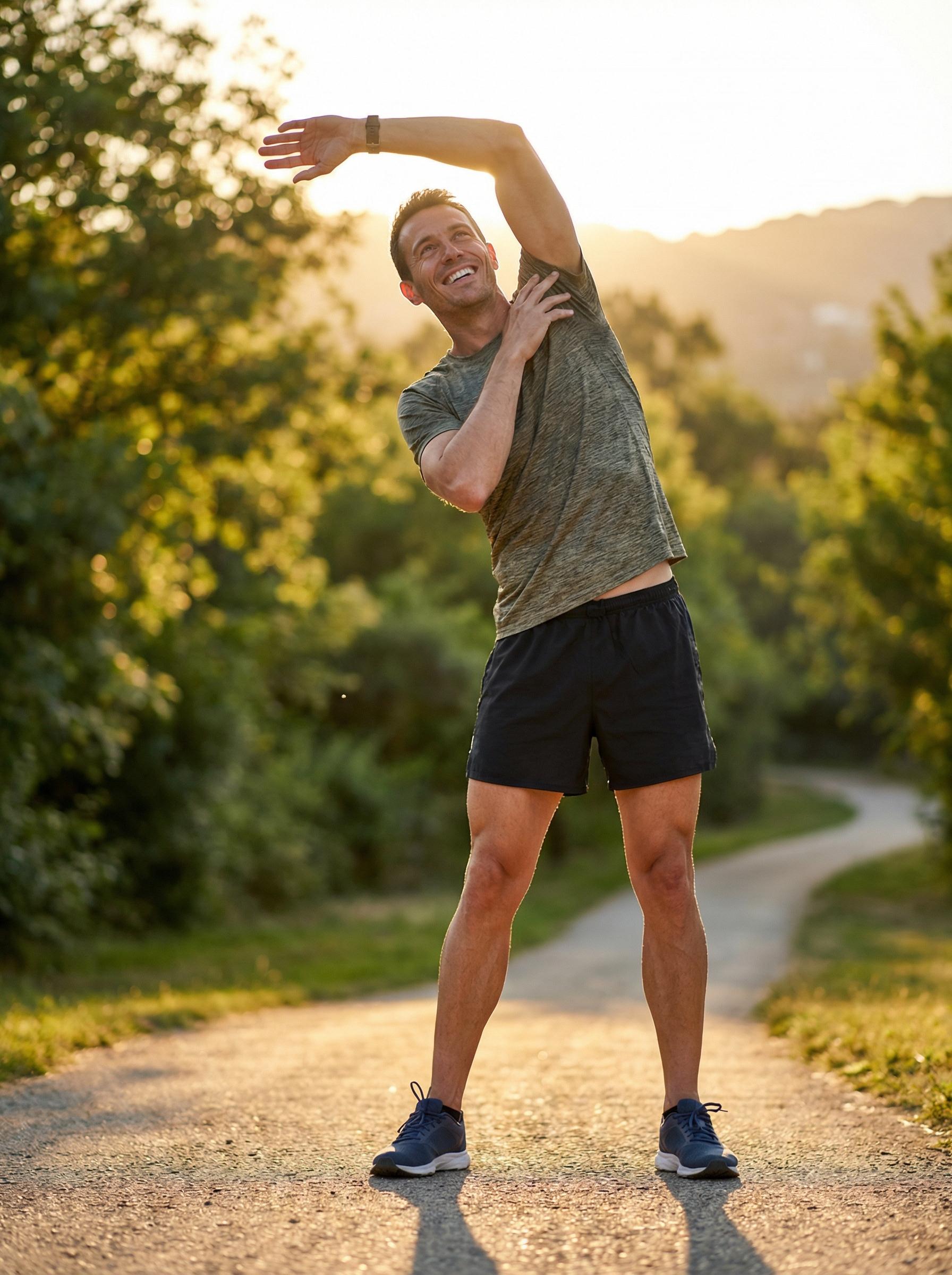 Runner stretching outdoors at golden hour