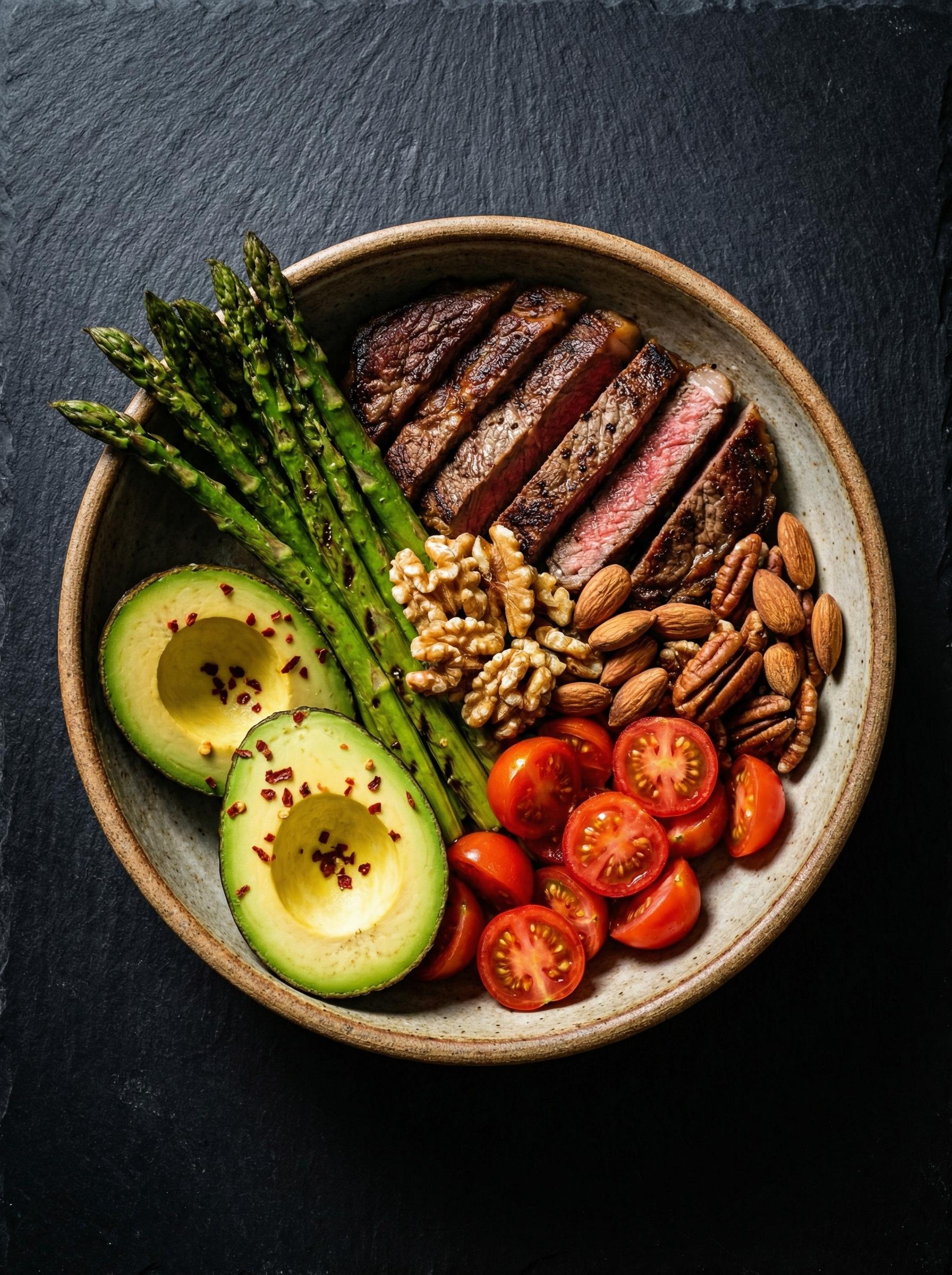 Low-carb plate with seared steak, avocado, and grilled asparagus