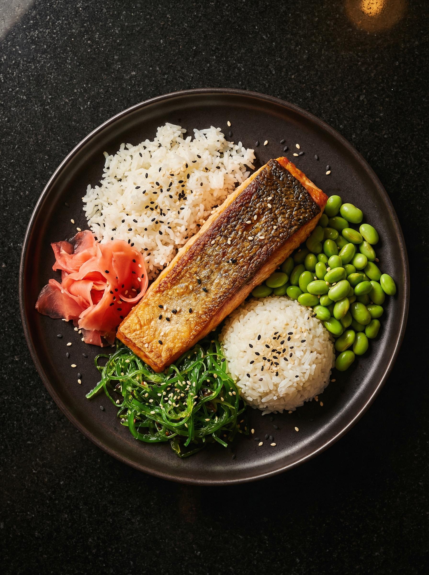 Pan-seared salmon with jasmine rice, edamame, and seaweed salad