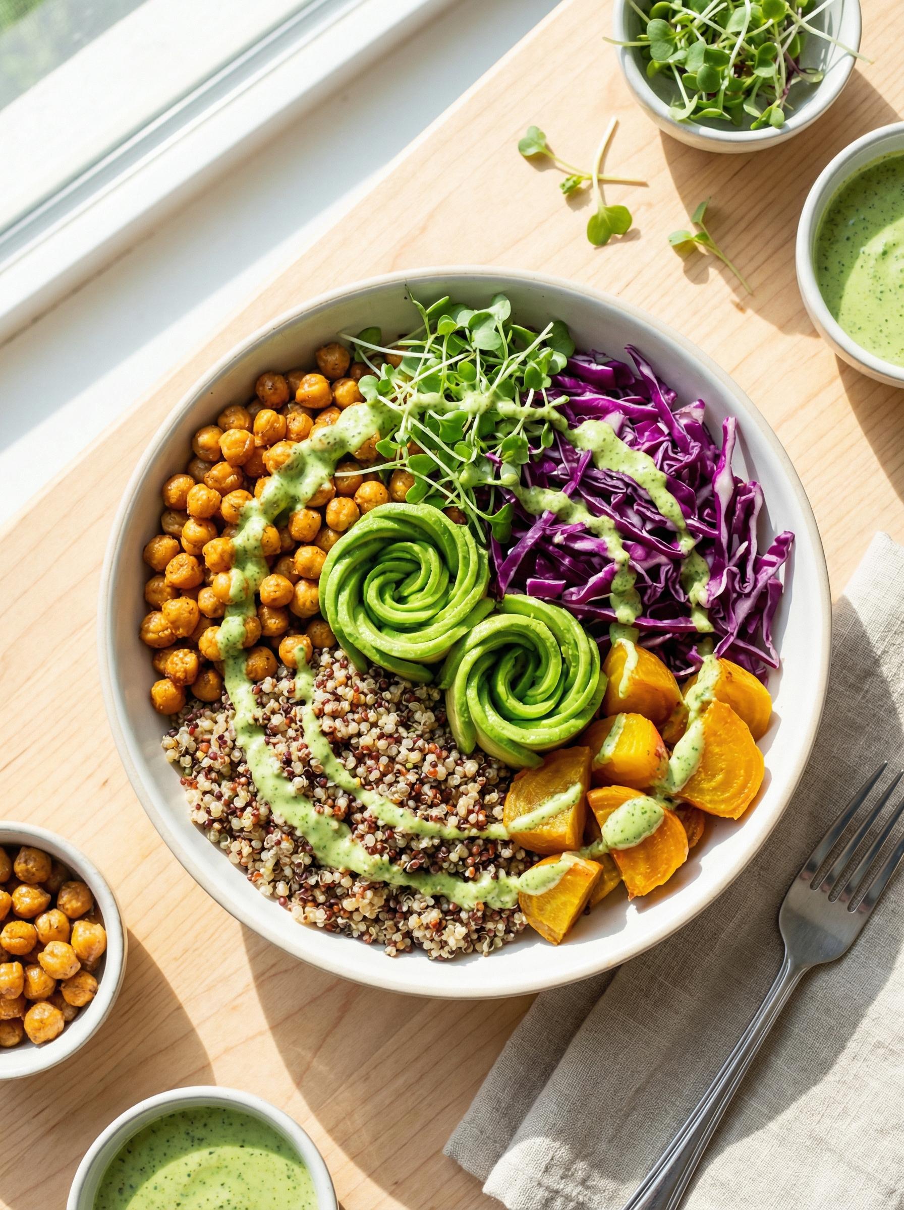 Colorful vegetarian buddha bowl with roasted chickpeas and rainbow quinoa