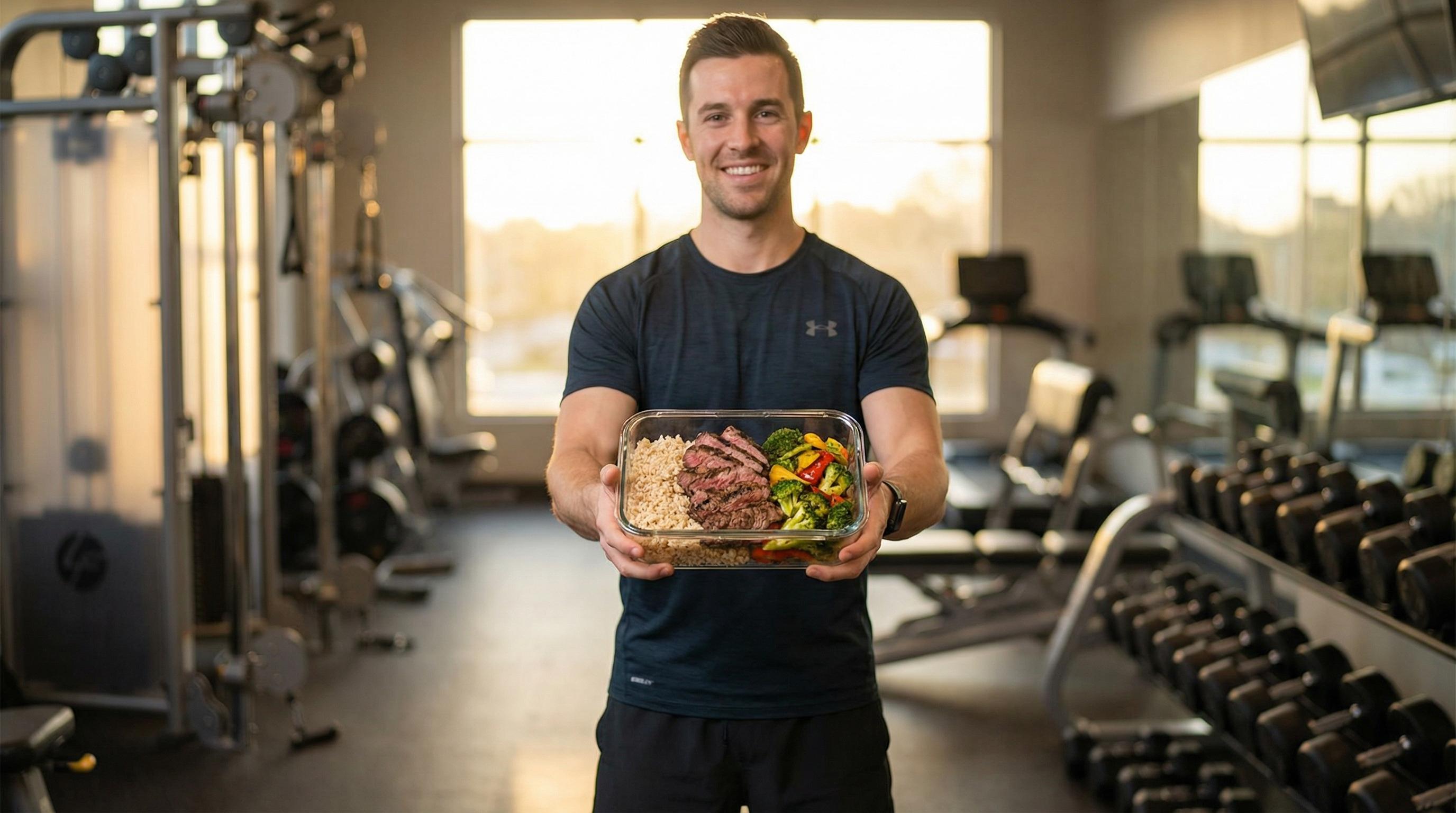Personal trainer enjoying a meal prep bowl at the gym