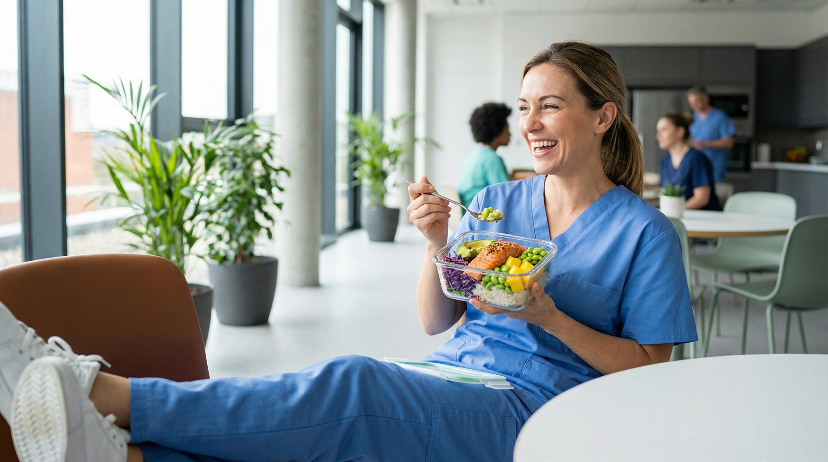Nurse enjoying a salmon bowl during her break