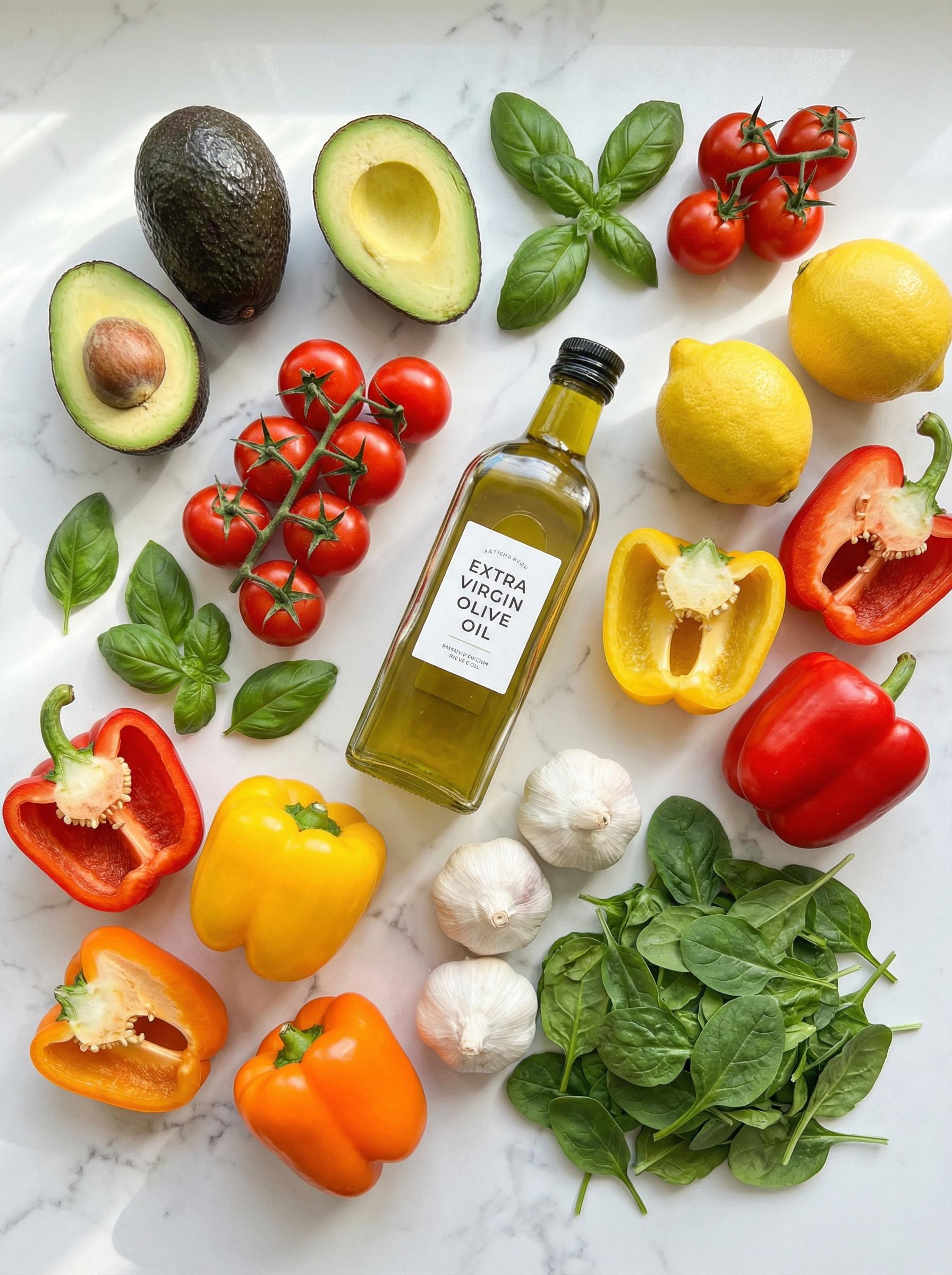 Fresh avocados, tomatoes, bell peppers, basil, and olive oil on white marble