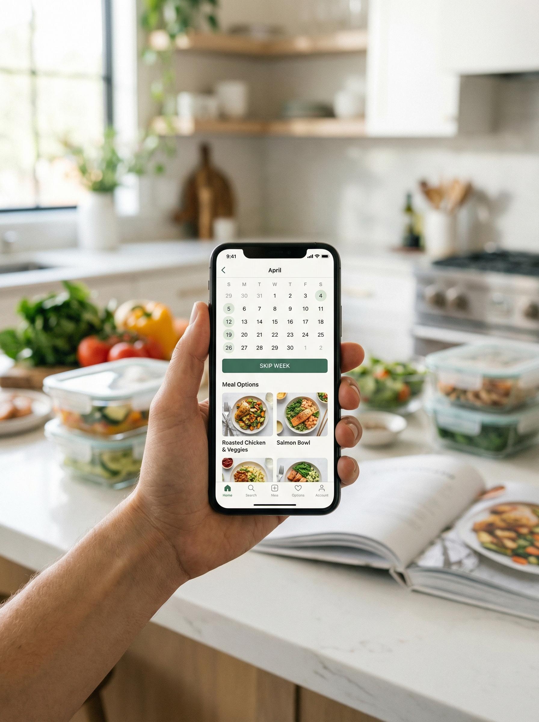 Hand holding phone with meal subscription calendar and skip week options