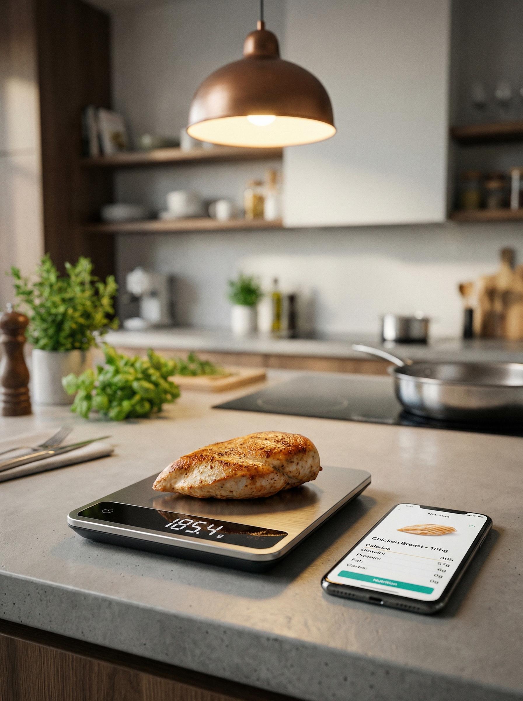 Kitchen scale weighing seared chicken breast with macro tracking app on phone