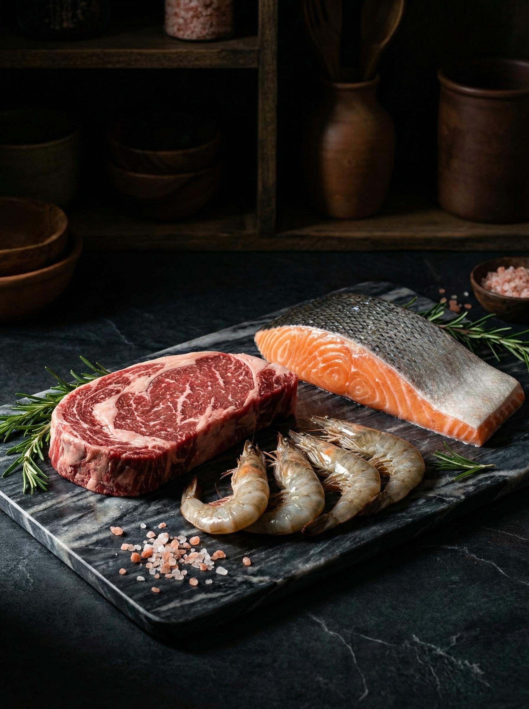 Premium ribeye steak, wild-caught salmon fillet, and jumbo shrimp on dark marble