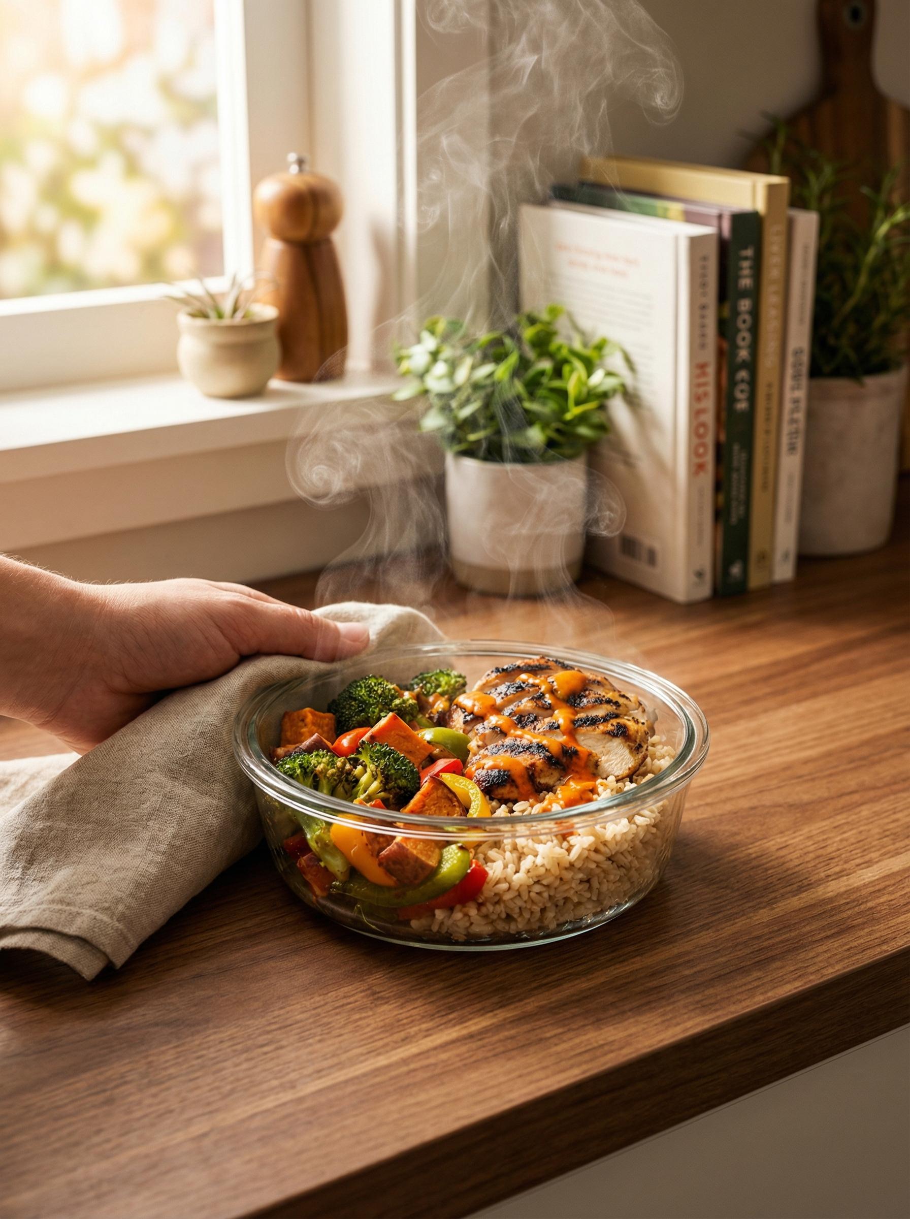 Steaming meal prep bowl with grilled chicken, brown rice, and roasted vegetables