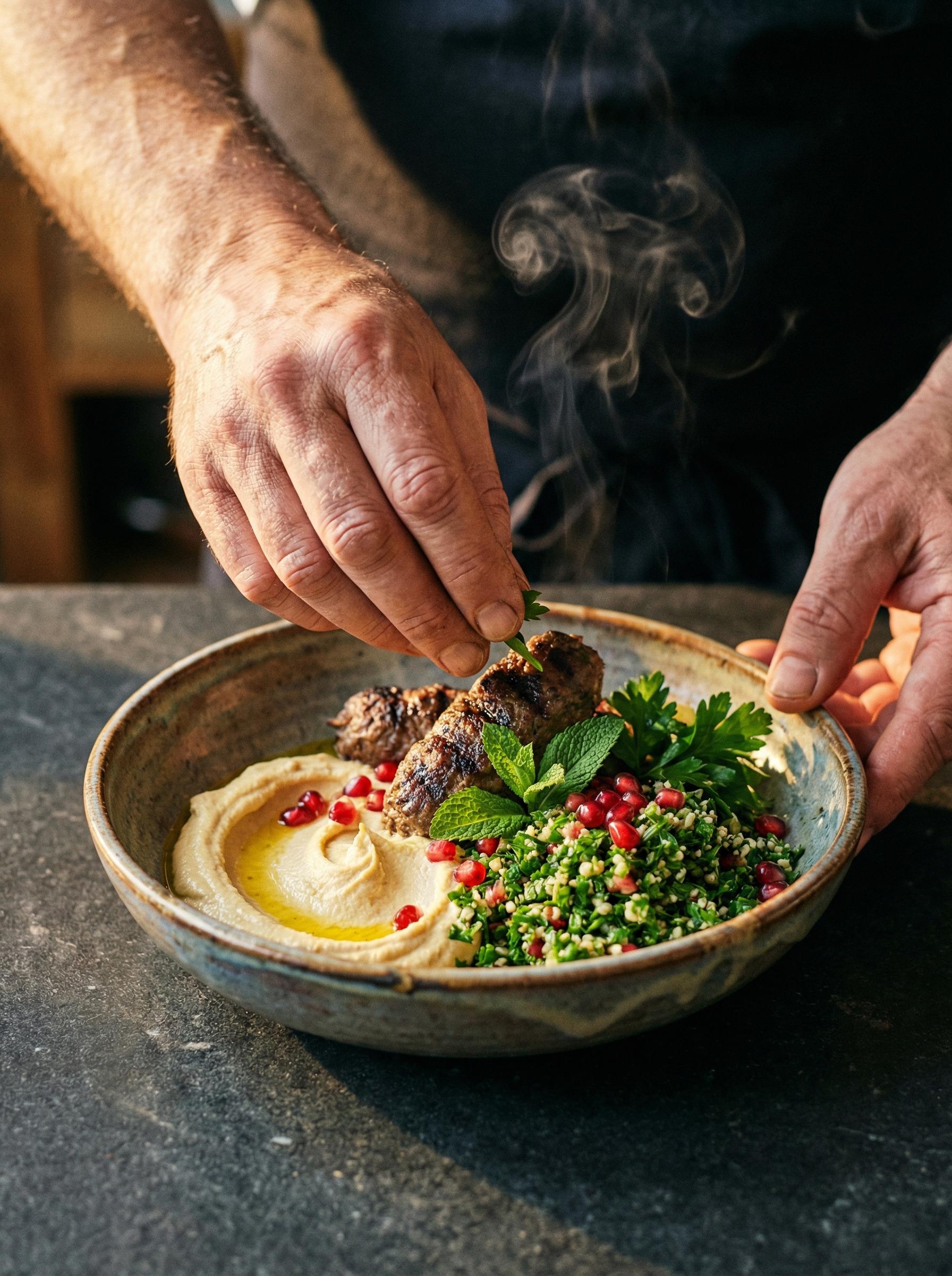 Chef hands plating a Mediterranean bowl with beef shawarma, hummus, and tabbouleh